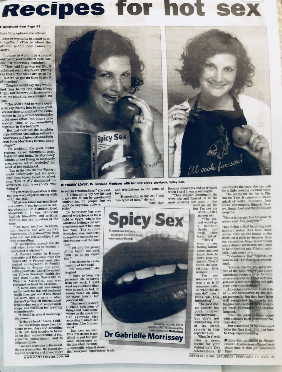 Newspaper feature titled Recipes for hot sex about Dr Gabrielle Morrissey's book Spicy Sex