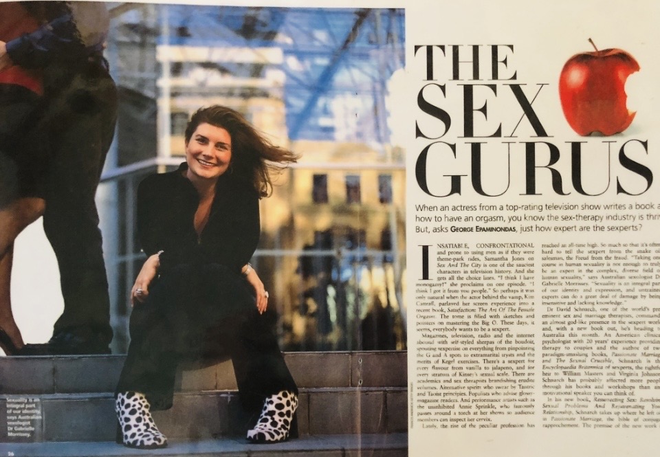 Magazine feature spread titled The Sex Gurus with a full-page photograph of Dr Gabrielle Morrissey