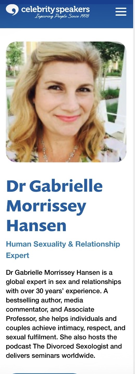 Celebrity Speakers profile for Dr Gabrielle Morrissey Hansen, human sexuality and relationship expert