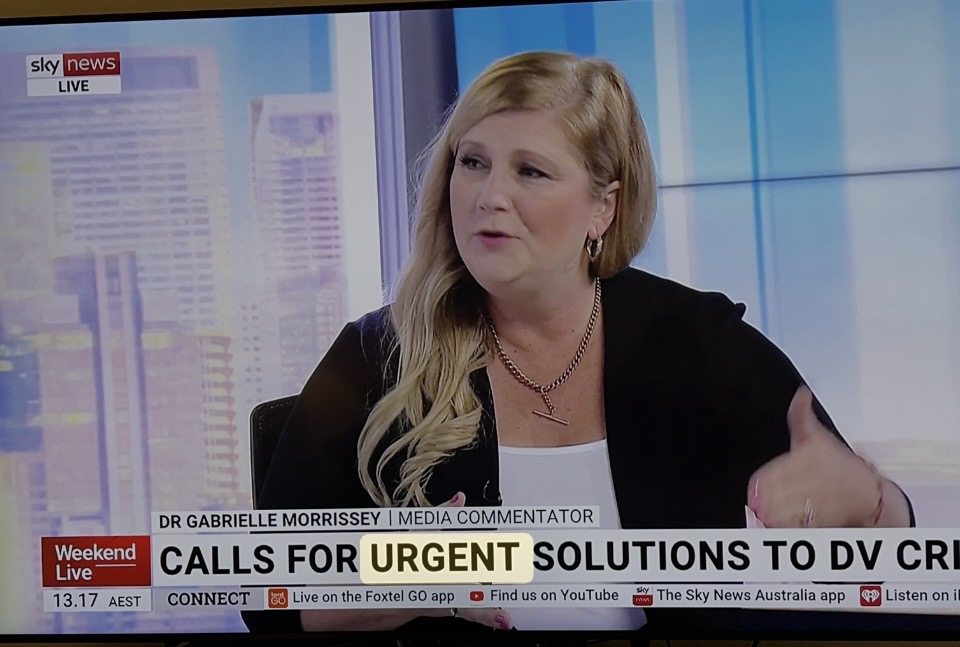 Dr Gabrielle Morrissey on Sky News Live, captioned media commentator, discussing solutions to the domestic violence crisis