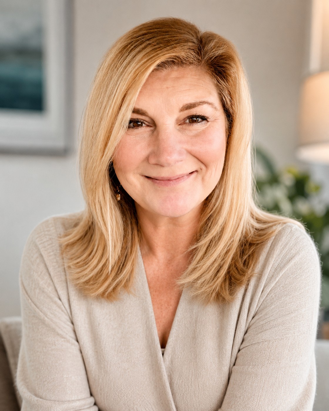 Portrait of Dr Gabrielle Morrissey seated in a light-filled living room