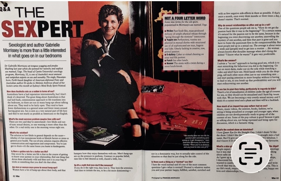 Magazine Q and A spread titled The Sexpert featuring Dr Gabrielle Morrissey