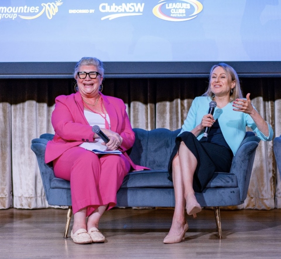Dr Gabrielle Morrissey in an on-stage conversation at a ClubsNSW Leagues Clubs event