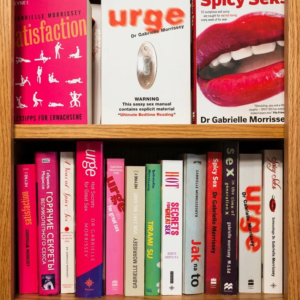 Shelf of Dr Gabrielle Morrissey's books including Urge, Spicy Sex and Satisfaction in international editions