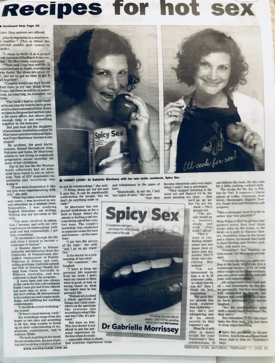 Newspaper feature titled Recipes for hot sex about Dr Gabrielle Morrissey's book Spicy Sex